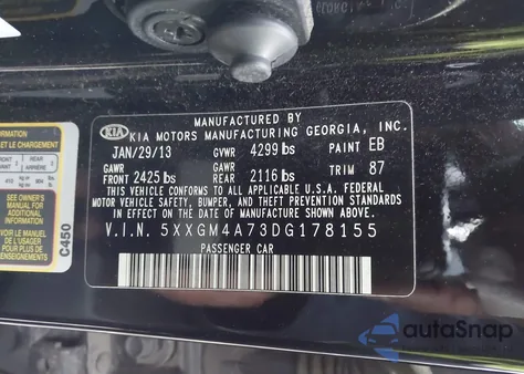 2013 Kia Optima Lx z USA, uszkodzony, nr VIN 5XXGM4A73DG178155